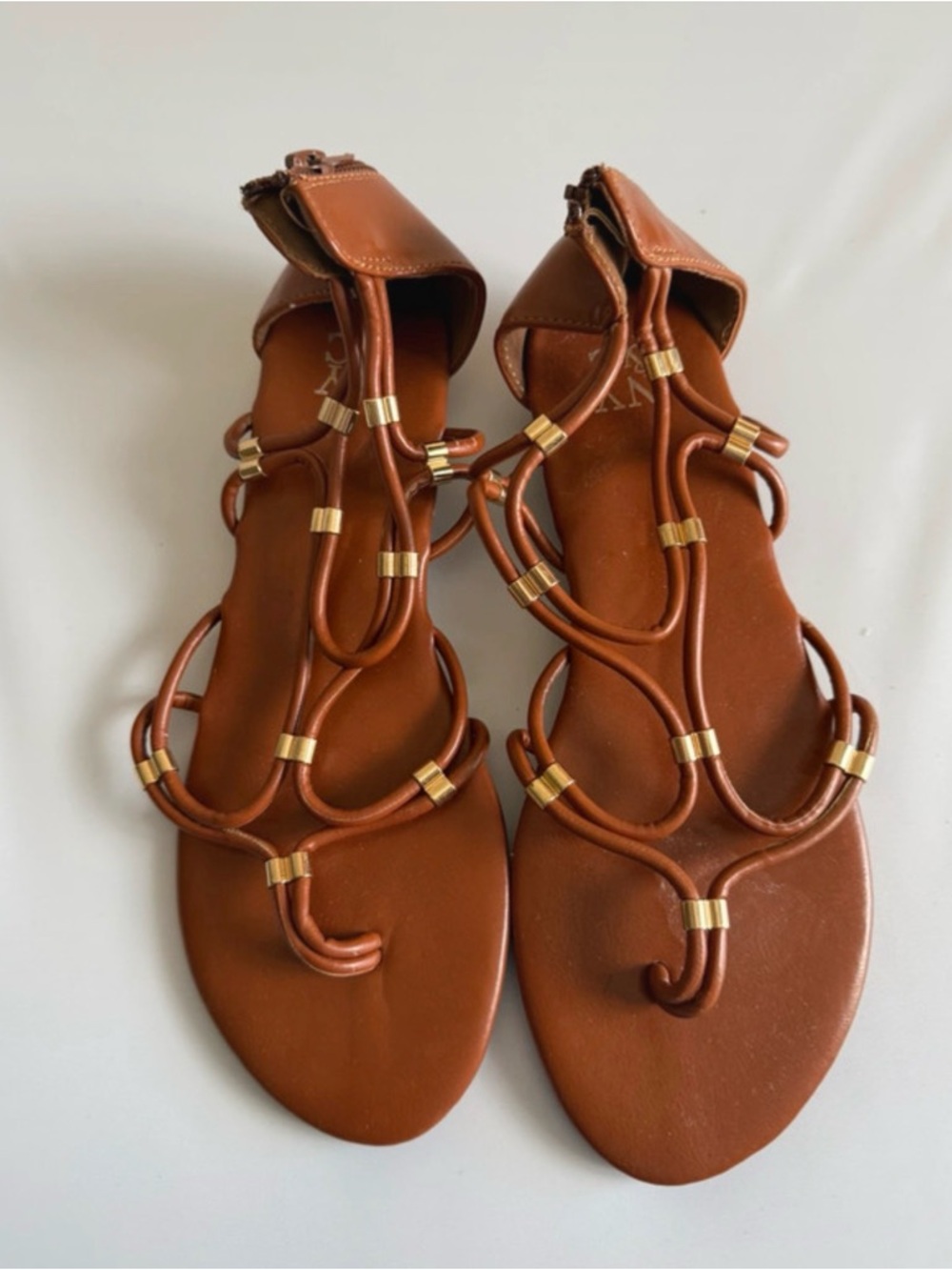 New York & Company Tan/Brown Strappy Flat Sandals with Gold Accents